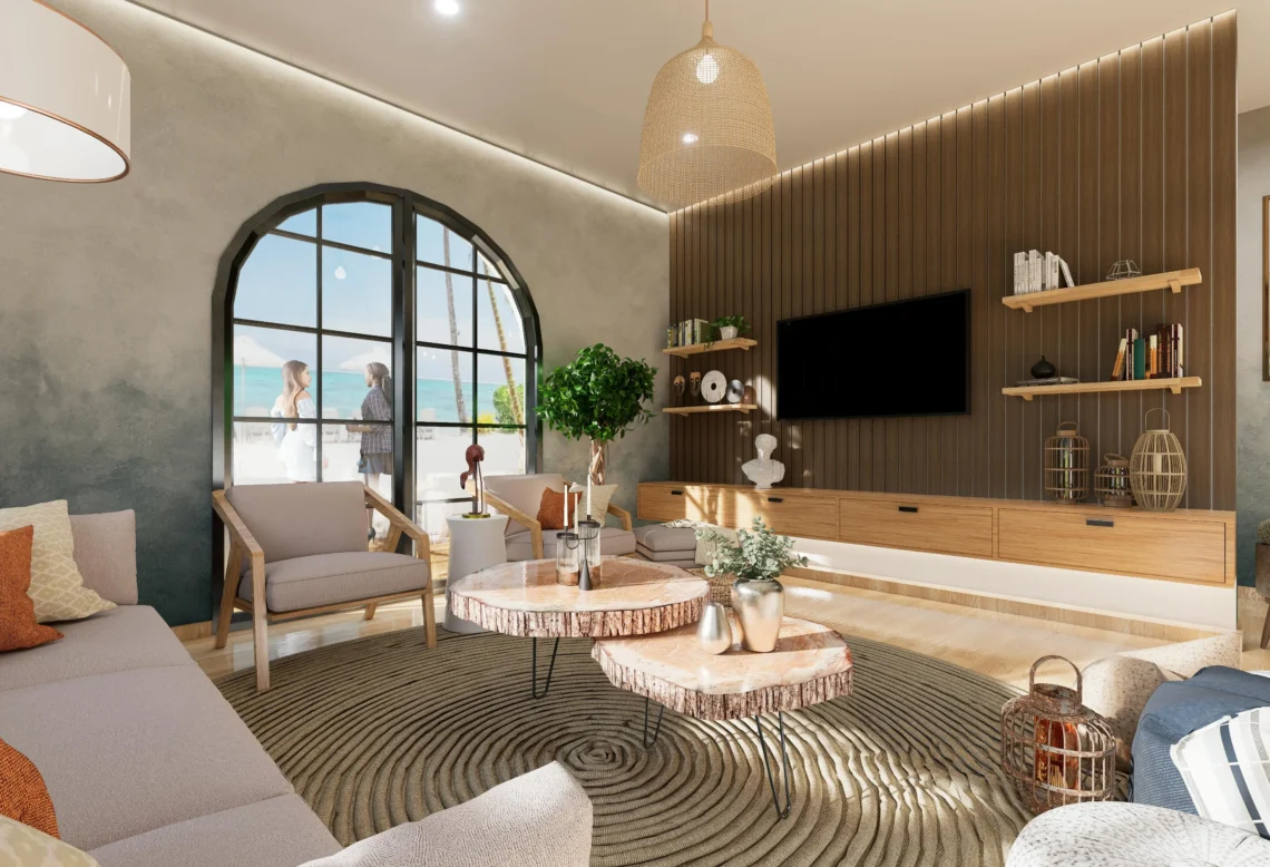 Salón moderno y luminoso con decoración elegante y acceso a terraza con vistas al mar, ideal para vivienda premium o inversión inmobiliaria