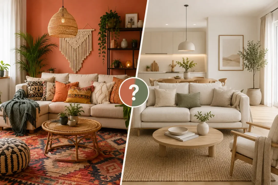 Comparativa visual de dos salones de apartamento turístico: uno con decoración moderna y colores cálidos tipo tendencia, y otro con estilo neutro y atemporal, más minimalista y luminoso