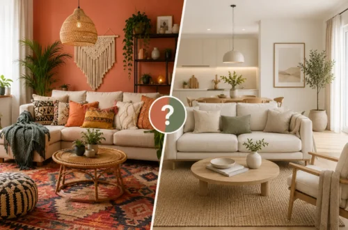 Comparativa visual de dos salones de apartamento turístico: uno con decoración moderna y colores cálidos tipo tendencia, y otro con estilo neutro y atemporal, más minimalista y luminoso