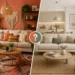 Comparativa visual de dos salones de apartamento turístico: uno con decoración moderna y colores cálidos tipo tendencia, y otro con estilo neutro y atemporal, más minimalista y luminoso