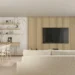 Espacio abierto de estilo contemporáneo con salón y comedor integrados, sofá en tonos claros, pared de madera con televisión, estanterías decorativas y revestimiento de mármol en un ambiente luminoso y elegante.