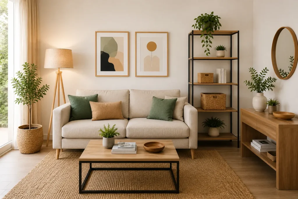 Salón moderno y luminoso con sofá beige, cojines verdes, mesa de centro de madera, estantería abierta con plantas y elementos decorativos, y grandes ventanales que aportan abundante luz natural.
