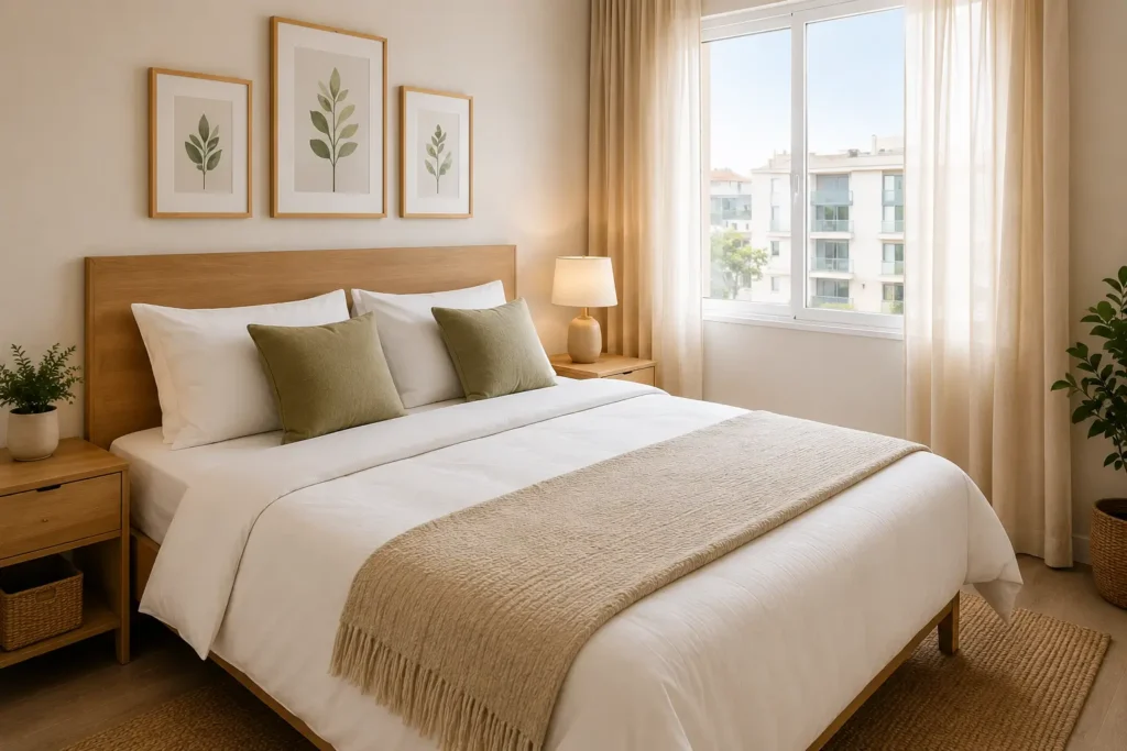 Dormitorio moderno y luminoso con cama de madera, ropa de cama blanca, cojines en tonos verdes, mesillas de noche, grandes ventanales con cortinas translúcidas y abundante luz natural.