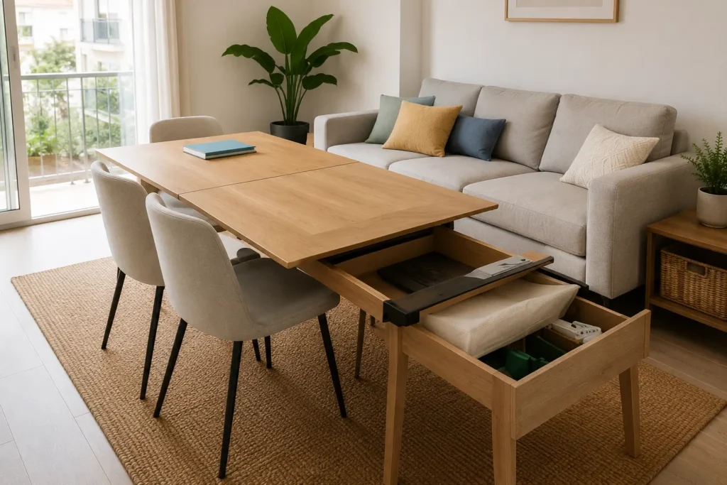 Salón moderno con mesa de comedor extensible de madera y cajones de almacenamiento integrados, sofá en tonos neutros, sillas tapizadas, plantas decorativas y luz natural procedente del balcón.