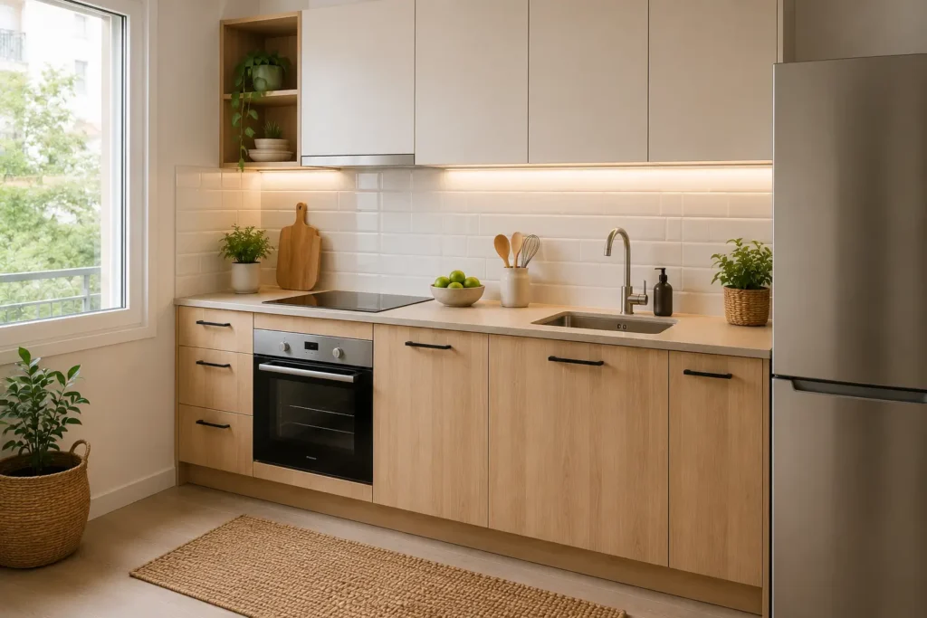 Cocina moderna y luminosa con muebles de madera clara, encimera blanca, horno y placa integrados, fregadero, frigorífico de acero inoxidable, iluminación LED bajo los armarios y ventana con luz natural.