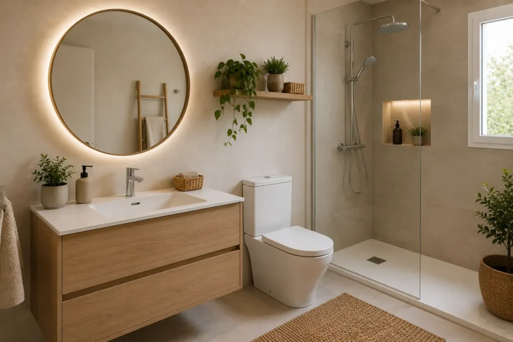 Baño moderno y luminoso con ducha a ras de suelo, mampara de cristal, mueble de lavabo de madera, espejo redondo con iluminación LED, inodoro suspendido y detalles decorativos con plantas.