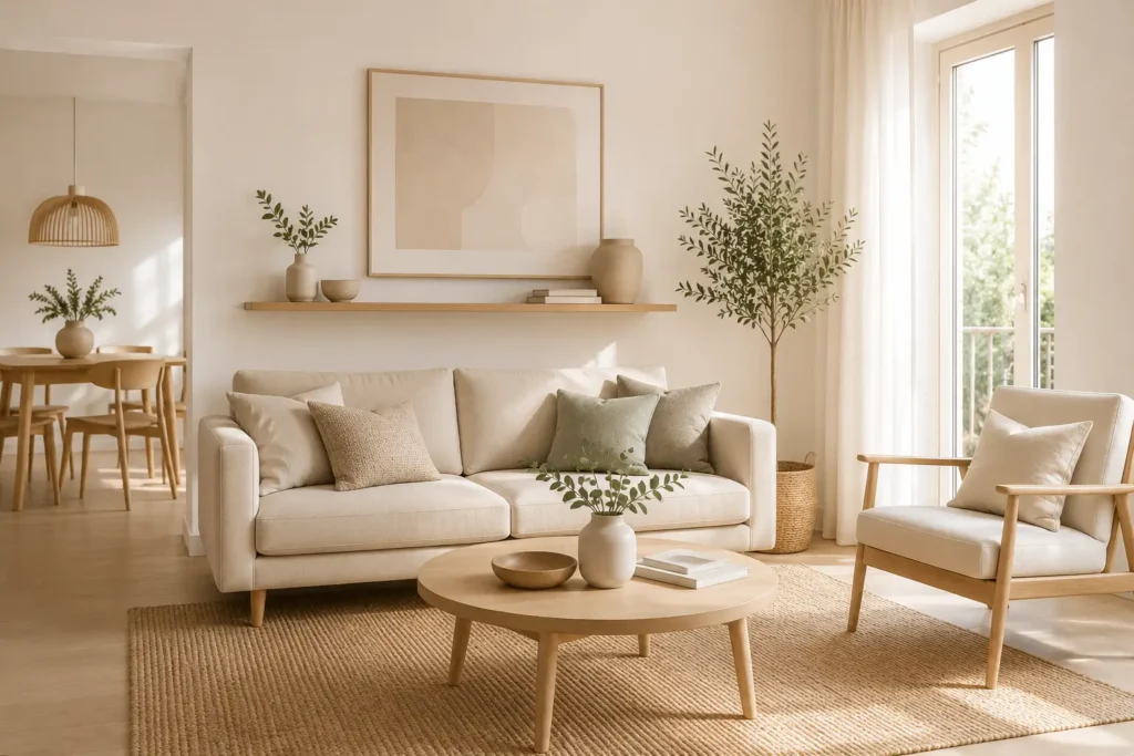 Salón moderno y luminoso decorado en tonos neutros, con sofá, sillón de madera, mesa de centro redonda, estantería flotante, plantas decorativas y grandes ventanales que aportan abundante luz natural.