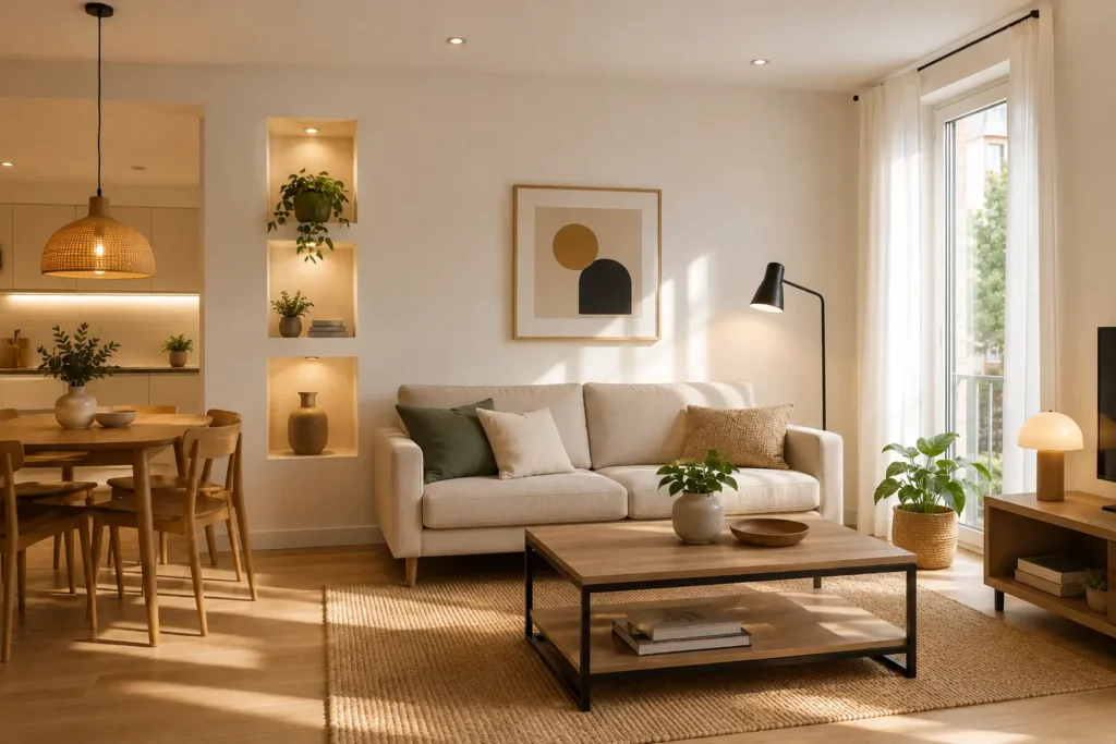 Salón comedor moderno de concepto abierto con sofá en tonos neutros, mesa de centro de madera, comedor integrado, hornacinas iluminadas, plantas decorativas y grandes ventanales que aportan abundante luz natural.