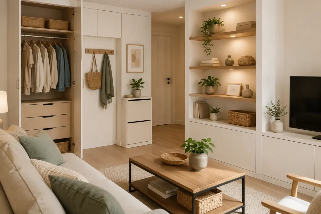 Salón moderno con mobiliario de almacenamiento integrado, armario abierto con espacio para ropa, estanterías iluminadas, mesa de centro de madera, plantas decorativas y decoración funcional en tonos neutros.