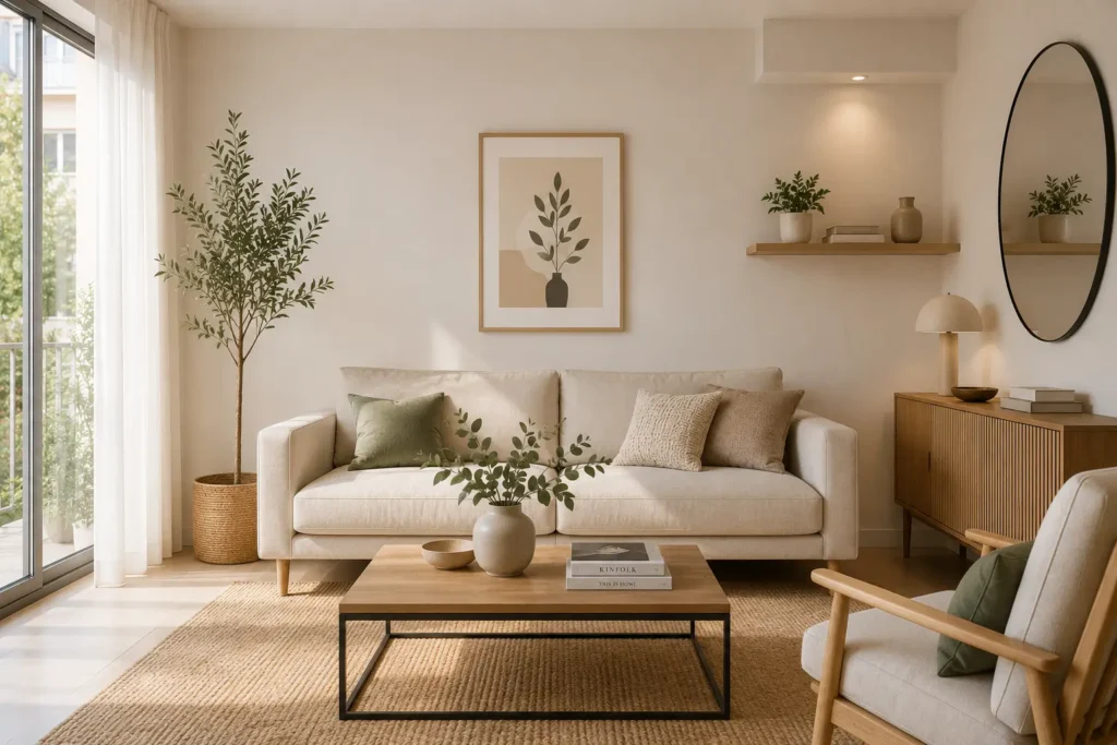 Salón luminoso de estilo nórdico con sofá en tonos neutros, sillón de madera, mesa de centro, aparador de madera, espejo redondo, plantas decorativas y grandes ventanales que aportan abundante luz natural.