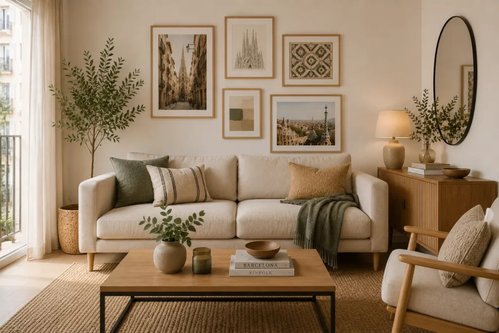 Salón luminoso de estilo nórdico con sofá en tonos neutros, sillón de madera, mesa de centro, aparador de madera, espejo redondo, plantas decorativas y grandes ventanales que aportan abundante luz natural.