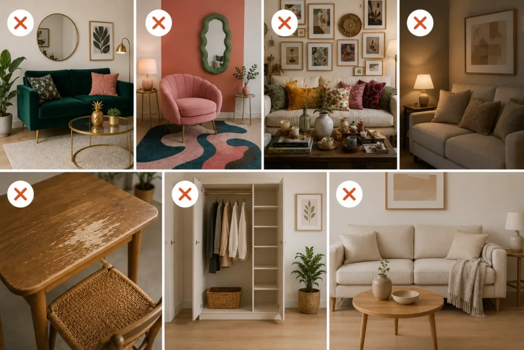 Comparativa de errores y aciertos en la decoración de un salón pequeño, mostrando colores oscuros, exceso de decoración, muebles deteriorados y almacenamiento abierto frente a una distribución más luminosa, ordenada y funcional.