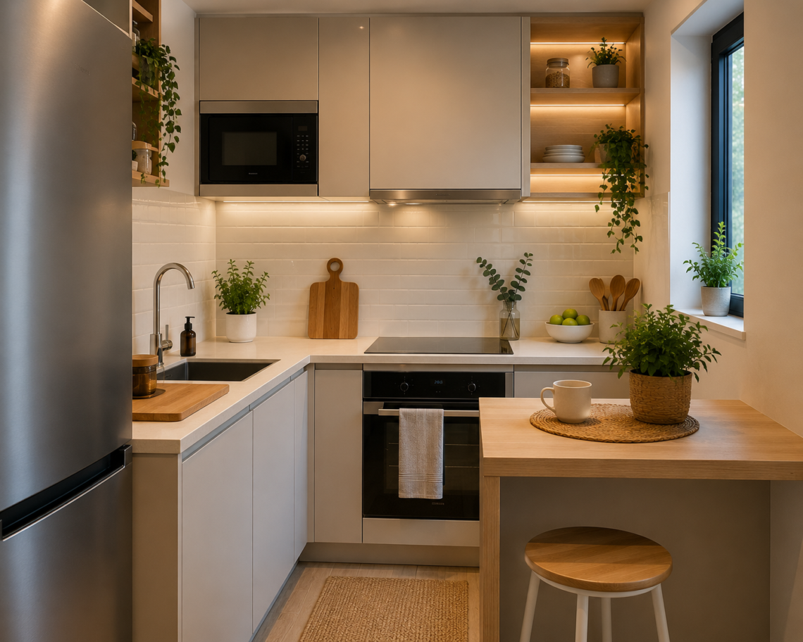 Cocina moderna de tamaño compacto con electrodomésticos integrados, zona de comedor, iluminación cálida y distribución eficiente para maximizar el espacio disponible.