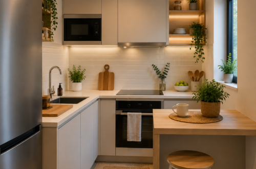 Cocina moderna de tamaño compacto con electrodomésticos integrados, zona de comedor, iluminación cálida y distribución eficiente para maximizar el espacio disponible.
