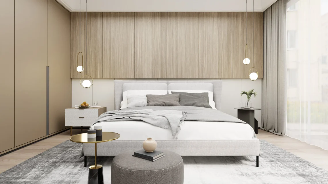 Dormitorio moderno y elegante con cama de diseño, cabecero de madera, iluminación colgante y decoración minimalista en tonos neutros que aporta sensación de confort y sofisticación