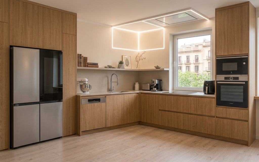 Cuina moderna amb electrodomèstics integrats, una superfície de treball àmplia, il·luminació LED i mobiliari funcional que millora la comoditat i l’experiència dels hostes.