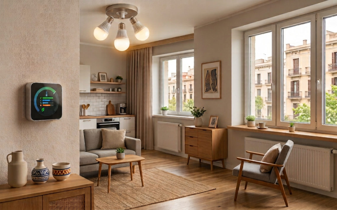 Salón moderno y luminoso con grandes ventanas, mobiliario funcional e iluminación cálida que mejora el confort y el atractivo de una vivienda de alquiler.