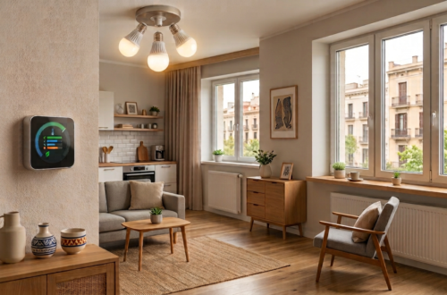Salón moderno y luminoso con grandes ventanas, mobiliario funcional e iluminación cálida que mejora el confort y el atractivo de una vivienda de alquiler.