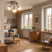 Salón moderno y luminoso con grandes ventanas, mobiliario funcional e iluminación cálida que mejora el confort y el atractivo de una vivienda de alquiler.