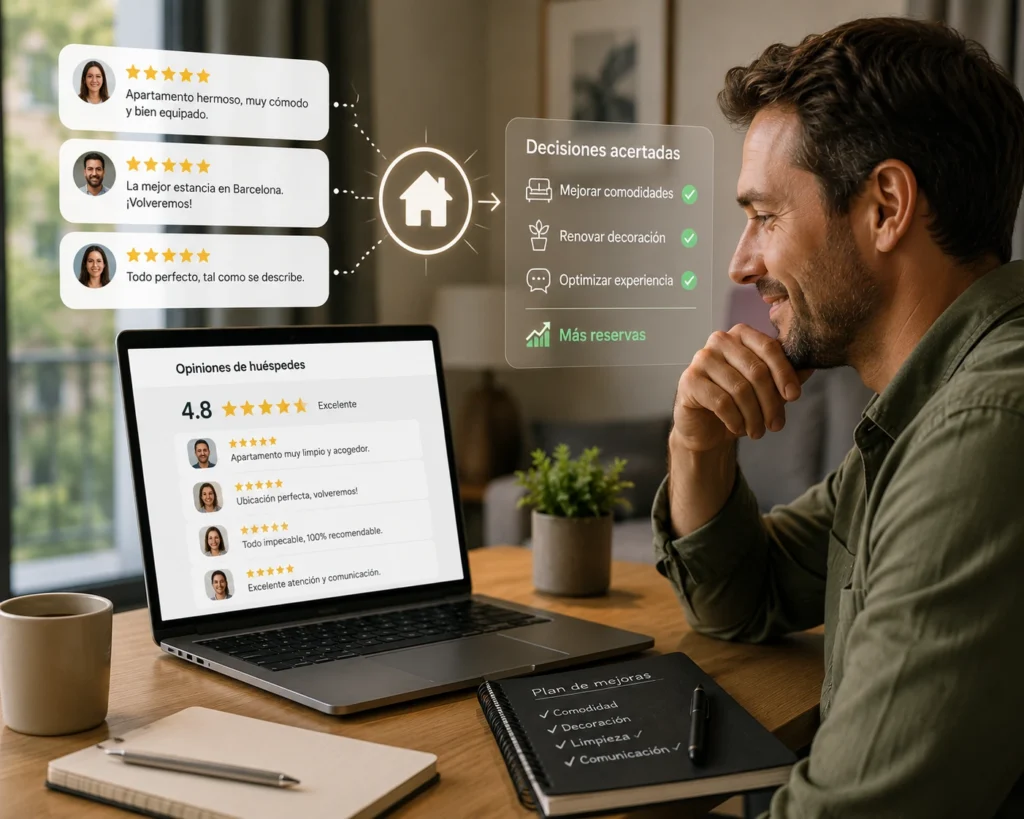Property owner reviewing guest feedback and ratings to identify improvements and deliver a better guest experience.