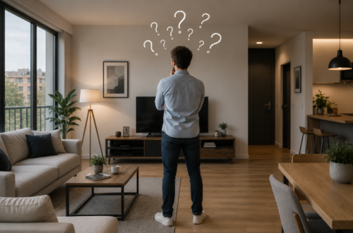 Propietario de espaldas reflexionando sobre cómo mejorar el rendimiento de su apartamento de alquiler en una sala de estar moderna.
