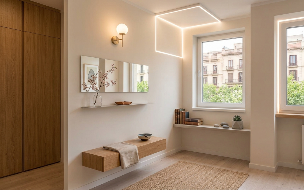 Rebedor modern amb il·luminació LED, mirall, mobiliari minimalista i llum natural que aporta amplitud, funcionalitat i una primera impressió excel·lent en un habitatge de lloguer.