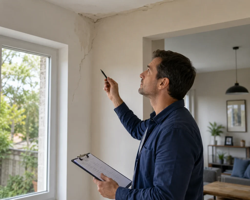 Property owner inspecting the condition of the apartment during a routine inspection to identify moisture issues, cracks, and preventive maintenance needs.