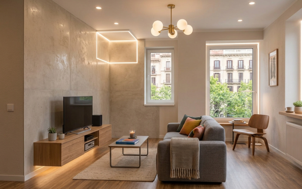 Sala d’estar moderna amb il·luminació LED indirecta, sofà, grans finestrals i mobiliari funcional que aporta confort, amplitud i un ambient acollidor en un habitatge de lloguer.