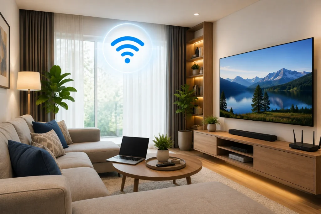 Bright, modern living room with a sofa, TV, laptop, and high-speed WiFi, ideal for remote work or relaxing with entertainment.