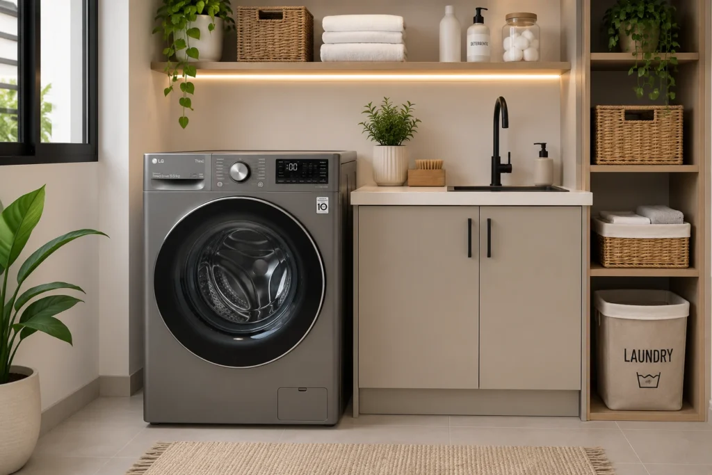 Modern laundry area with a high-efficiency washing machine, sink, organized shelving, and a functional space for doing laundry.