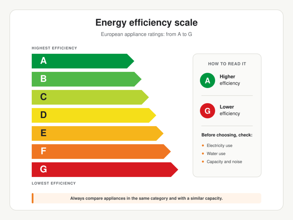 European energy efficiency scale for household appliances, rated from A, the most energy-efficient, to G, the least energy-efficient.