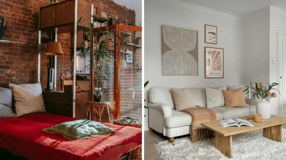 Collage con dos salas de estar: a la izquierda estilo rústico con ladrillo visto, textiles rojos y madera; a la derecha salón minimalista beige con sofá claro, mesa de madera y láminas decorativas