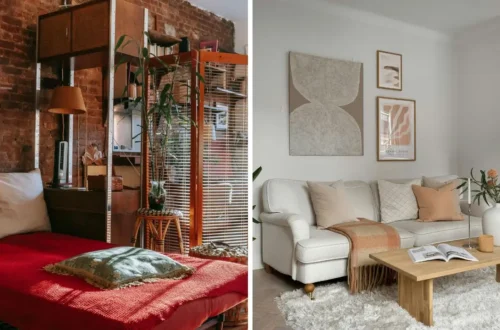 Collage con dos salas de estar: a la izquierda estilo rústico con ladrillo visto, textiles rojos y madera; a la derecha salón minimalista beige con sofá claro, mesa de madera y láminas decorativas