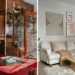 Collage con dos salas de estar: a la izquierda estilo rústico con ladrillo visto, textiles rojos y madera; a la derecha salón minimalista beige con sofá claro, mesa de madera y láminas decorativas